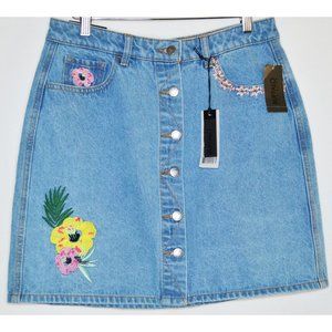 BUFFALO David Bitton Floral Boho Embroidered Mid Rise Denim Skirt Waist - 30"